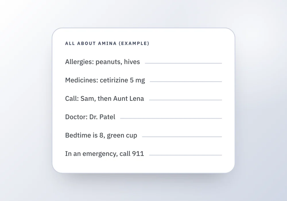 A filled example sitter sheet for an invented child with allergies, medicines, who to call and bedtime notes, and a note about what to write by hand.