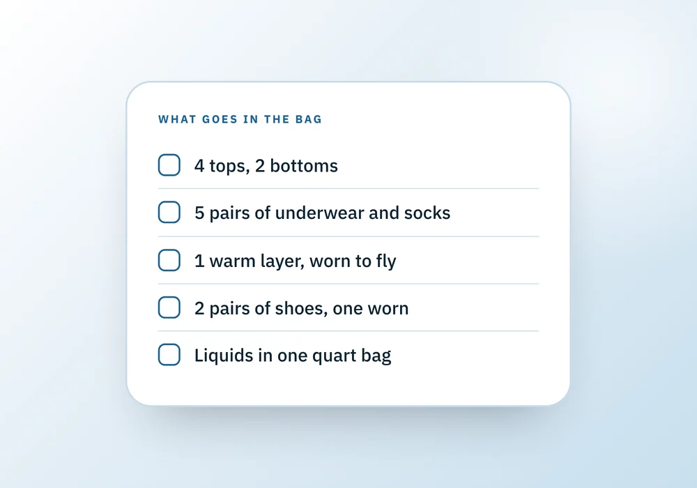 A checklist of what fits in one carry-on for a week: four tops, two bottoms, five pairs of underwear and socks, one layer, two pairs of shoes, liquids.