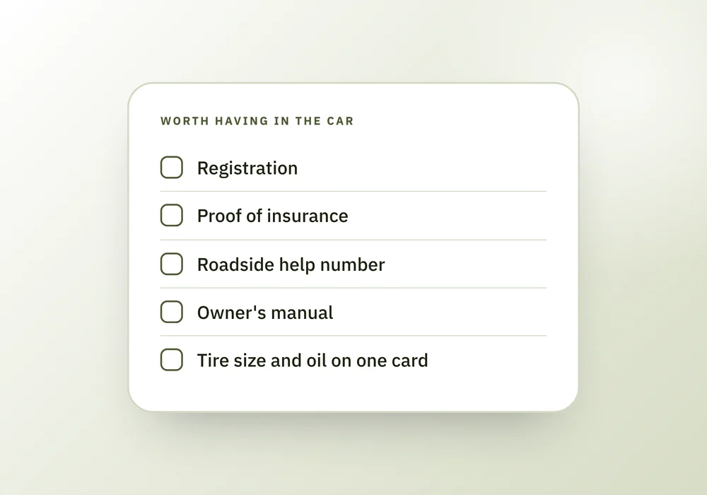 Two checklist cards, one listing what to keep in a glove box such as registration and proof of insurance, and one listing what to leave at home.