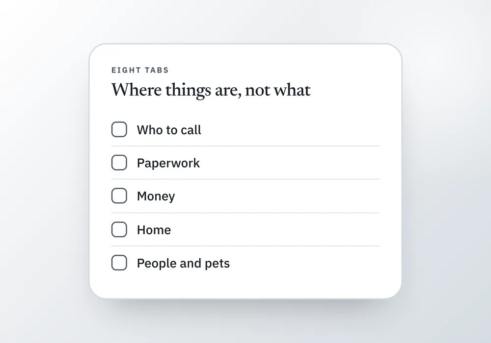 A checklist of the first five tabs of a life admin binder, with a note that passwords and account numbers stay out and locations go in.