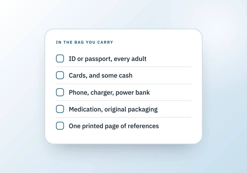A short checklist of what goes in the carry bag the night before: ID or passport, cards and cash, phone and charger, medication, and one printed page.