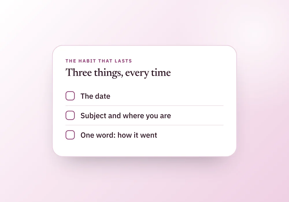 A checklist card listing the date, subject and position, and one word on how it went, beside a note to record right after the lesson rather than from memory.