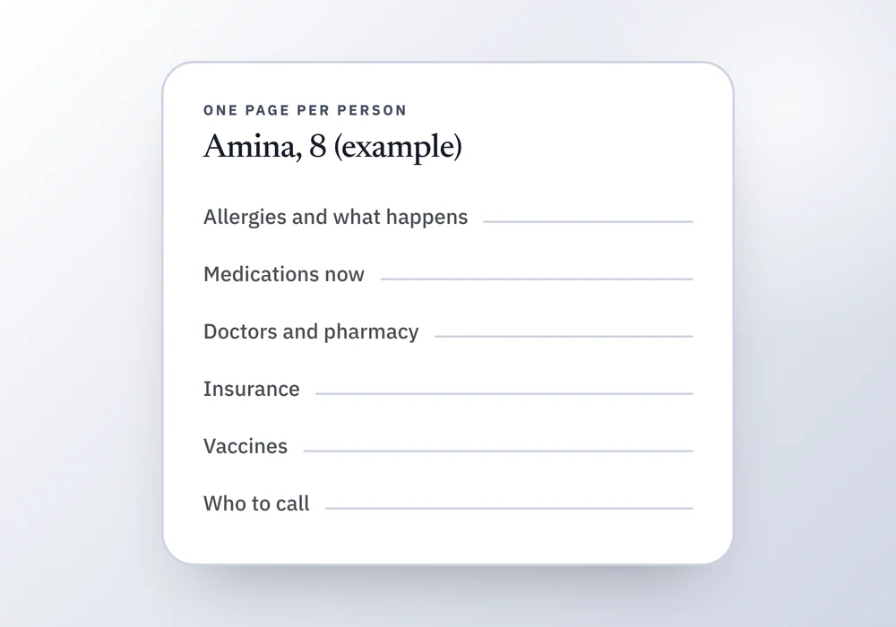 A one-page health sheet for a child with rows for allergies, medications, doctors, insurance, vaccines and who to call, beside a note about paper folders.