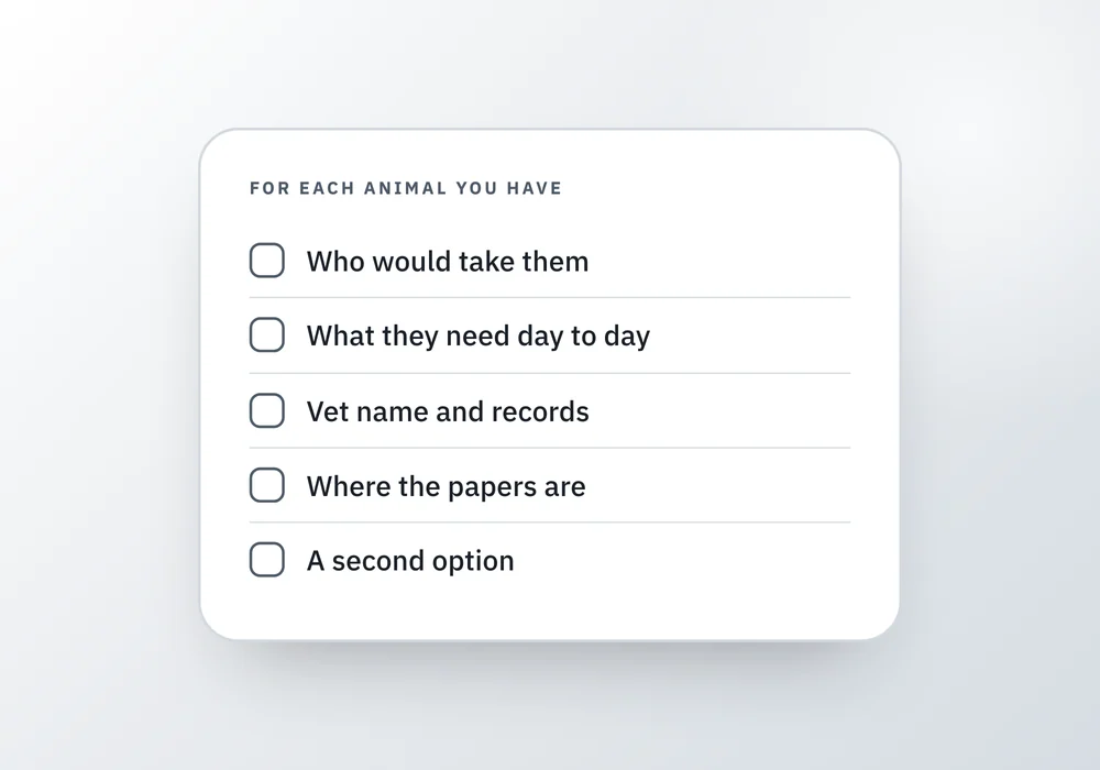 A checklist card of what to write down for each pet, from who would take them to where the vet records are, beside a note about pet trusts.