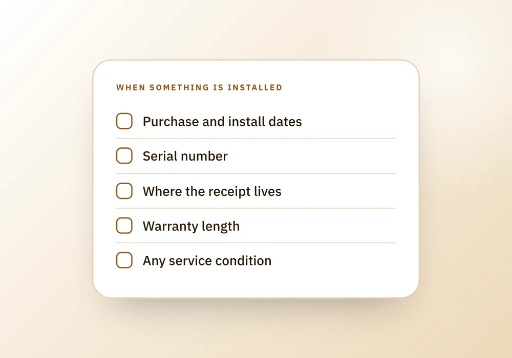 A checklist of five things to record when an appliance is installed, beside a note to check the warranty expiration date before paying for a repair.