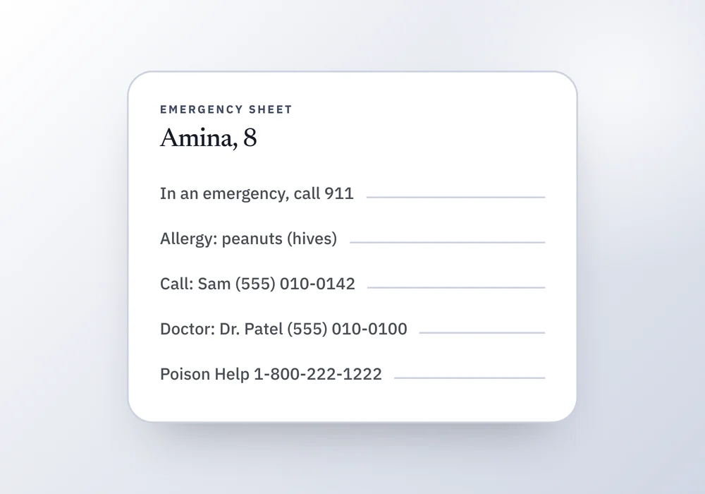 A sample emergency sheet for a child with the emergency number, an allergy, a first contact, the doctor and the poison help line, beside a note that it is not a medical ID.