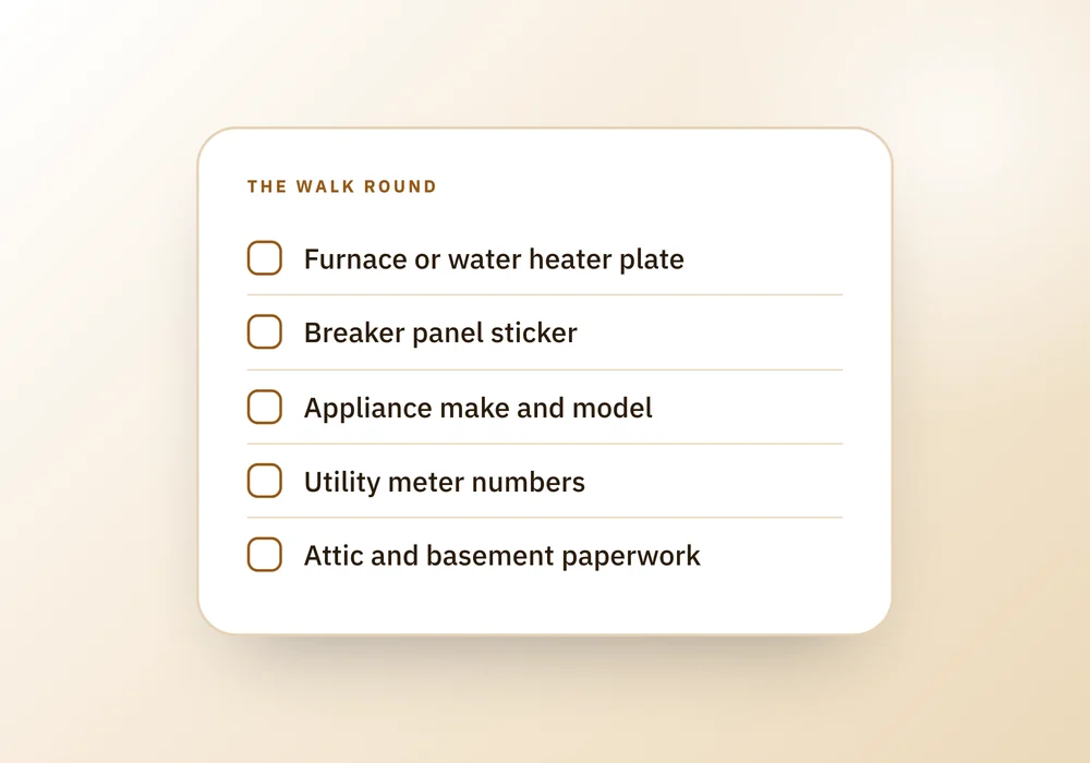 A checklist of what to photograph on a walk through an undocumented house, beside a note on reading a manufacture date from a serial number.
