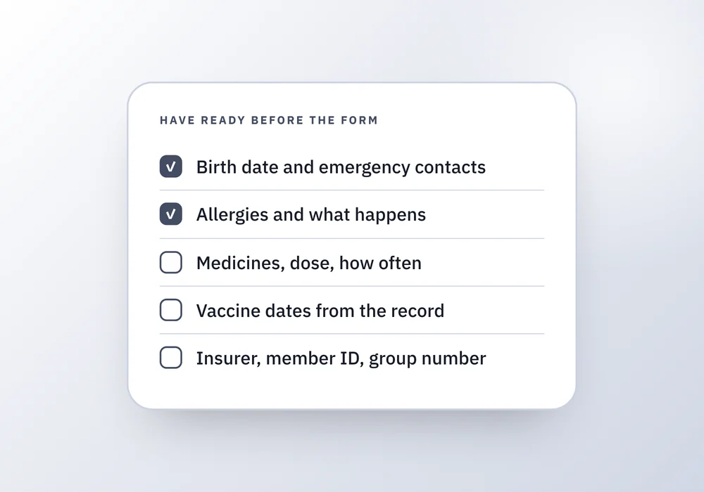 A checklist of answers to have ready for a camp health form beside a card showing what a parent fills in and what the provider completes.