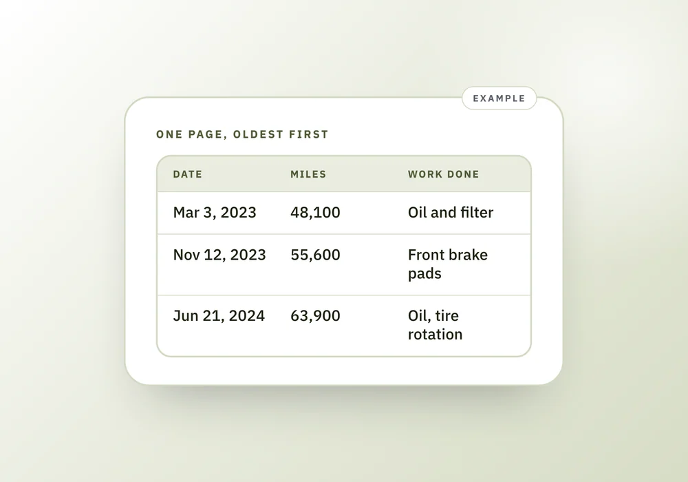 A sample service record page with three lines, each showing a date, odometer reading and the work done, oldest first.