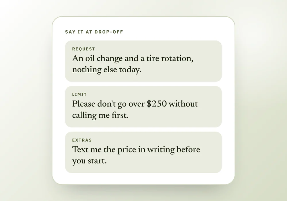 A card with three lines to say at a repair shop: the job you are requesting, a spending limit and a request for written prices.